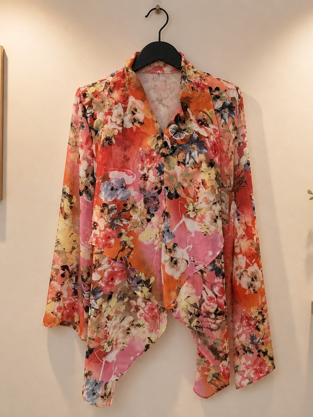 Sunny Leigh Floral Watercolor Pink Orange Sheer Draped Blouse